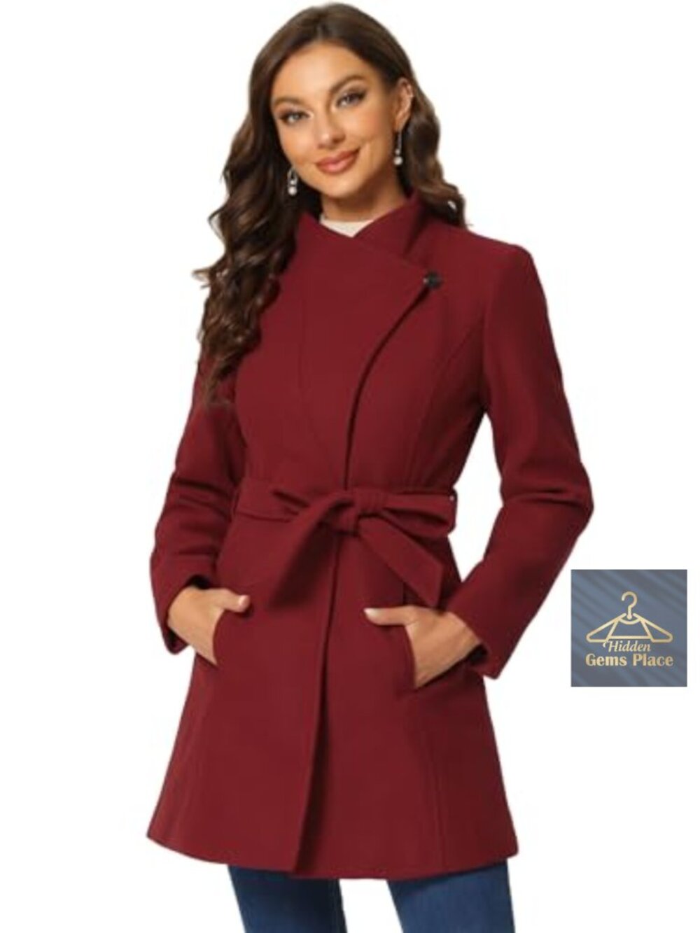 Allegra K Women's Winter Elegant Stand Collar Overcoat Long Belted Pea Coat